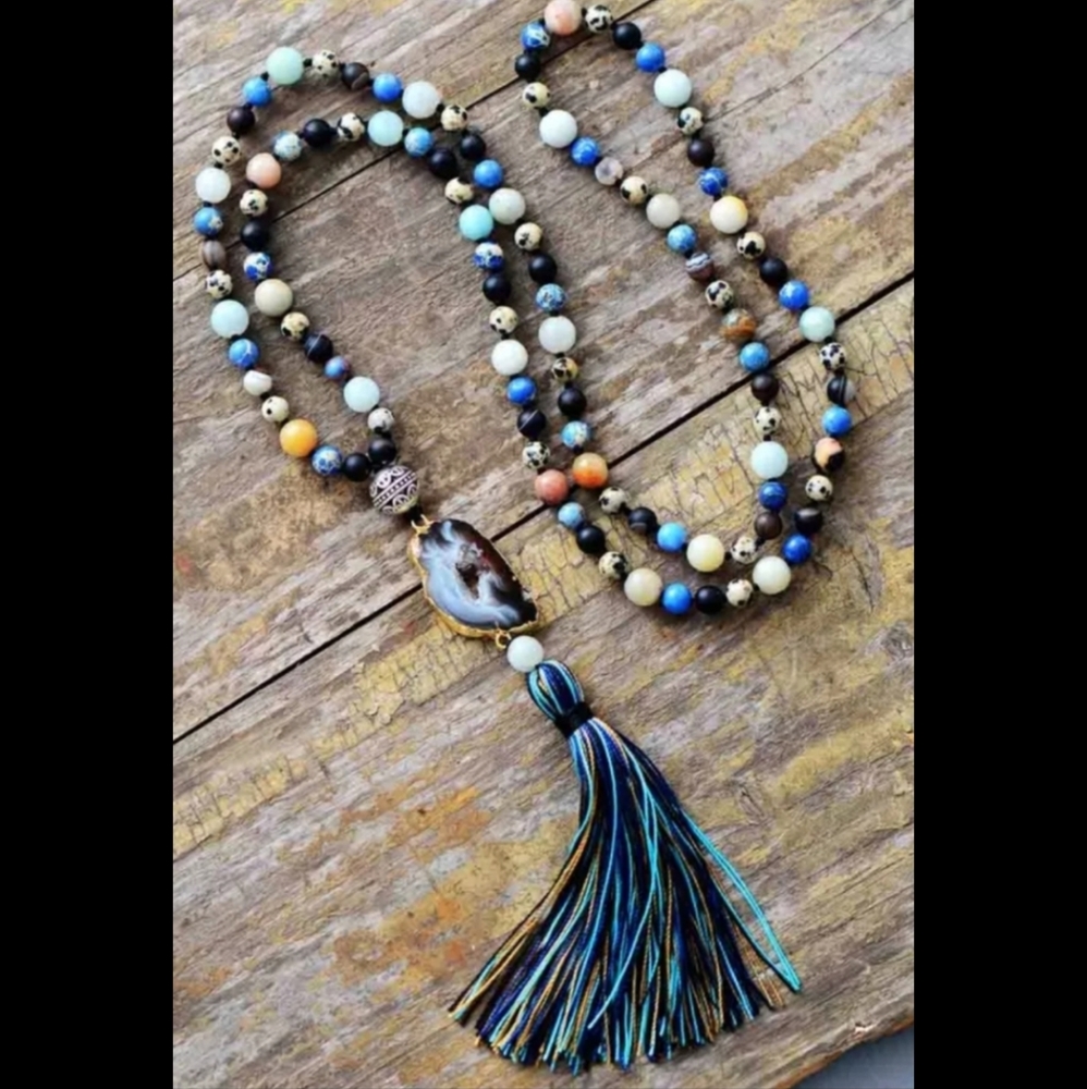 Natural Stone Druzzy and Tassel Long Necklace